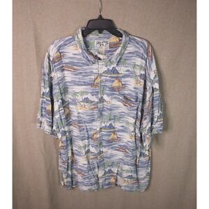 Vtg Men's Big Dogs Blue Rayon Hawaiian Shirt‎ Islands Palm Trees Boats Size 3XL